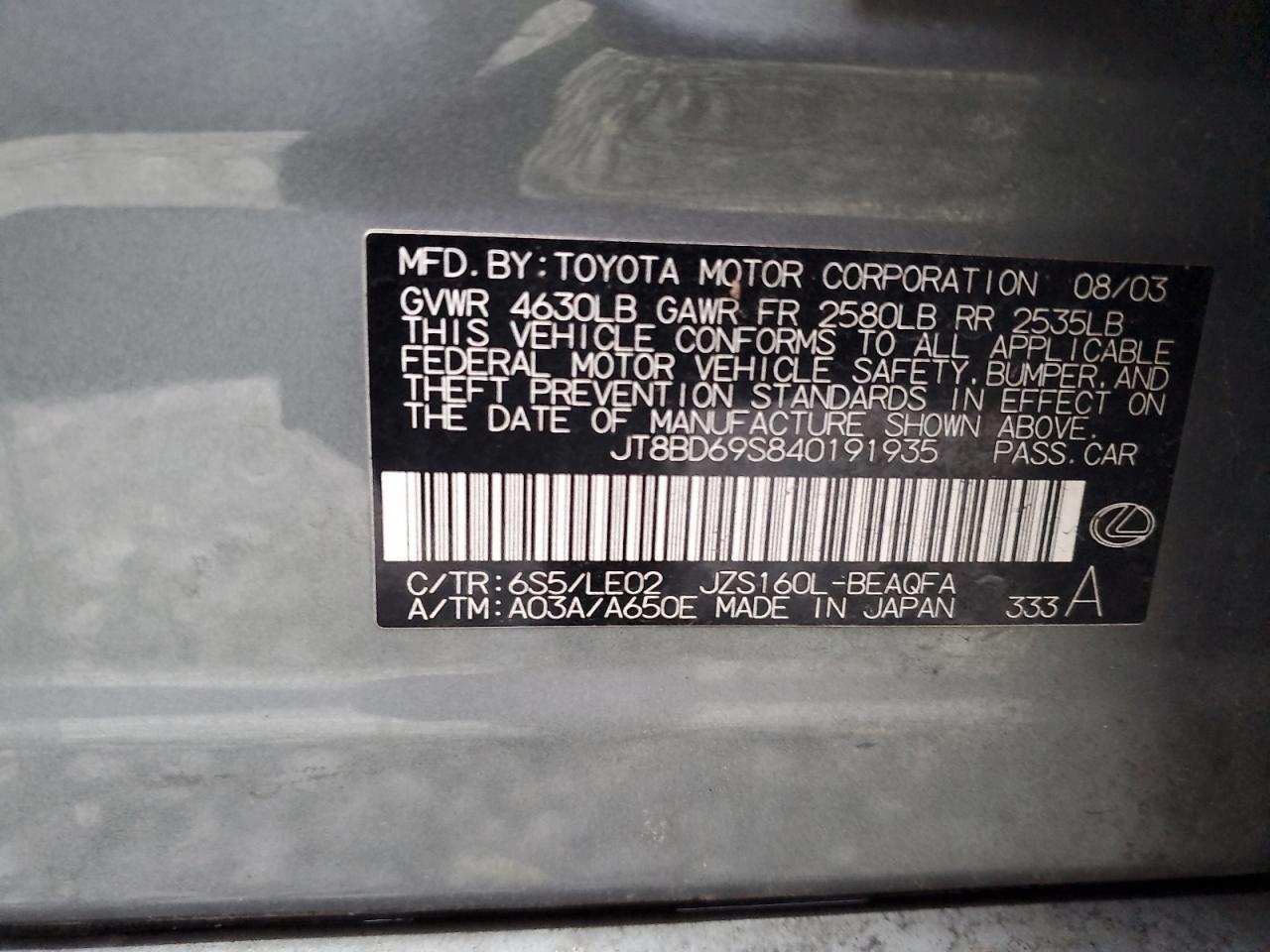 2004 Lexus Gs 300 VIN: JT8BD69S840191935 Lot: 93040615