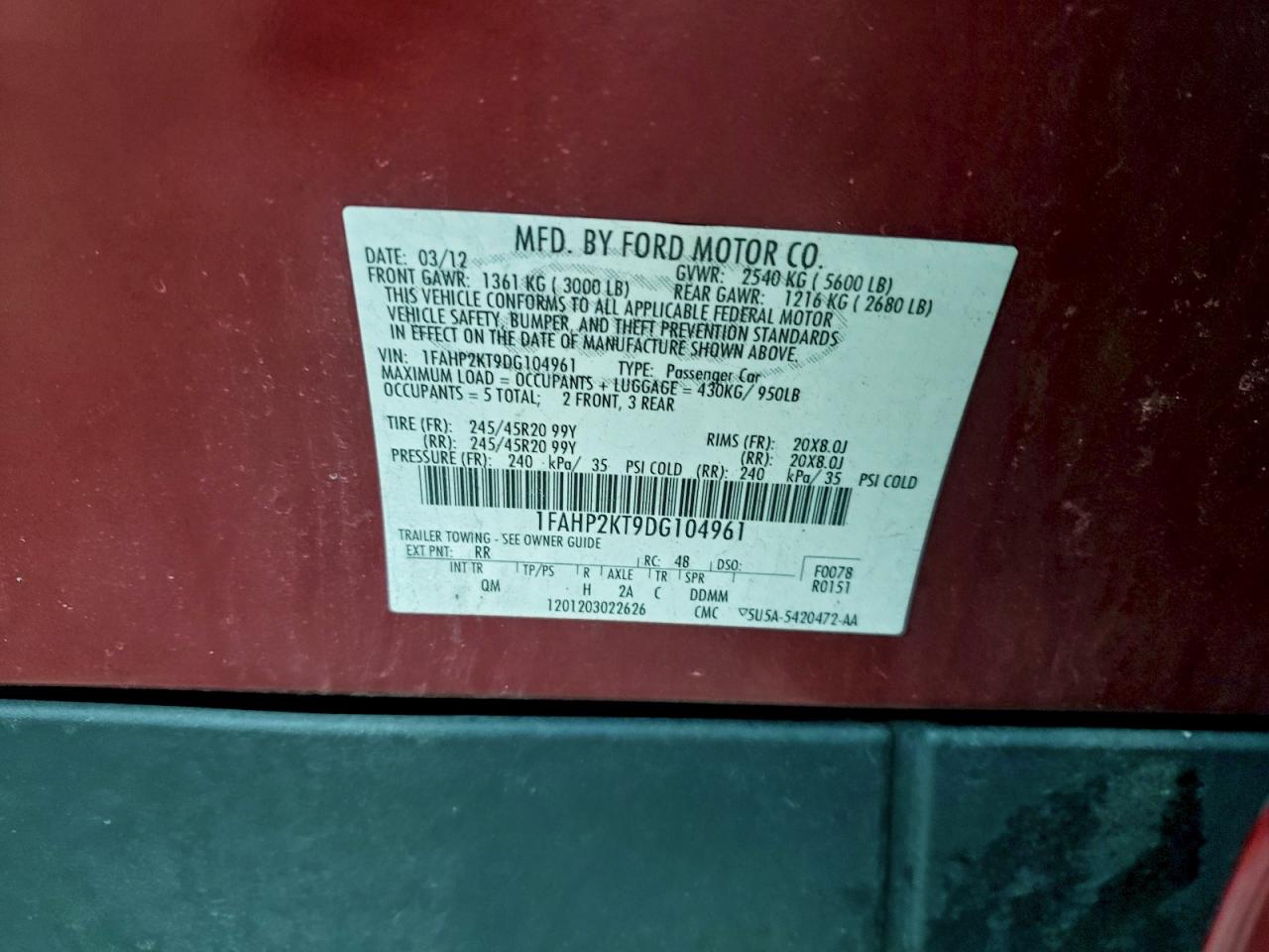 2013 Ford Taurus Sho VIN: 1FAHP2KT9DG104961 Lot: 94469175