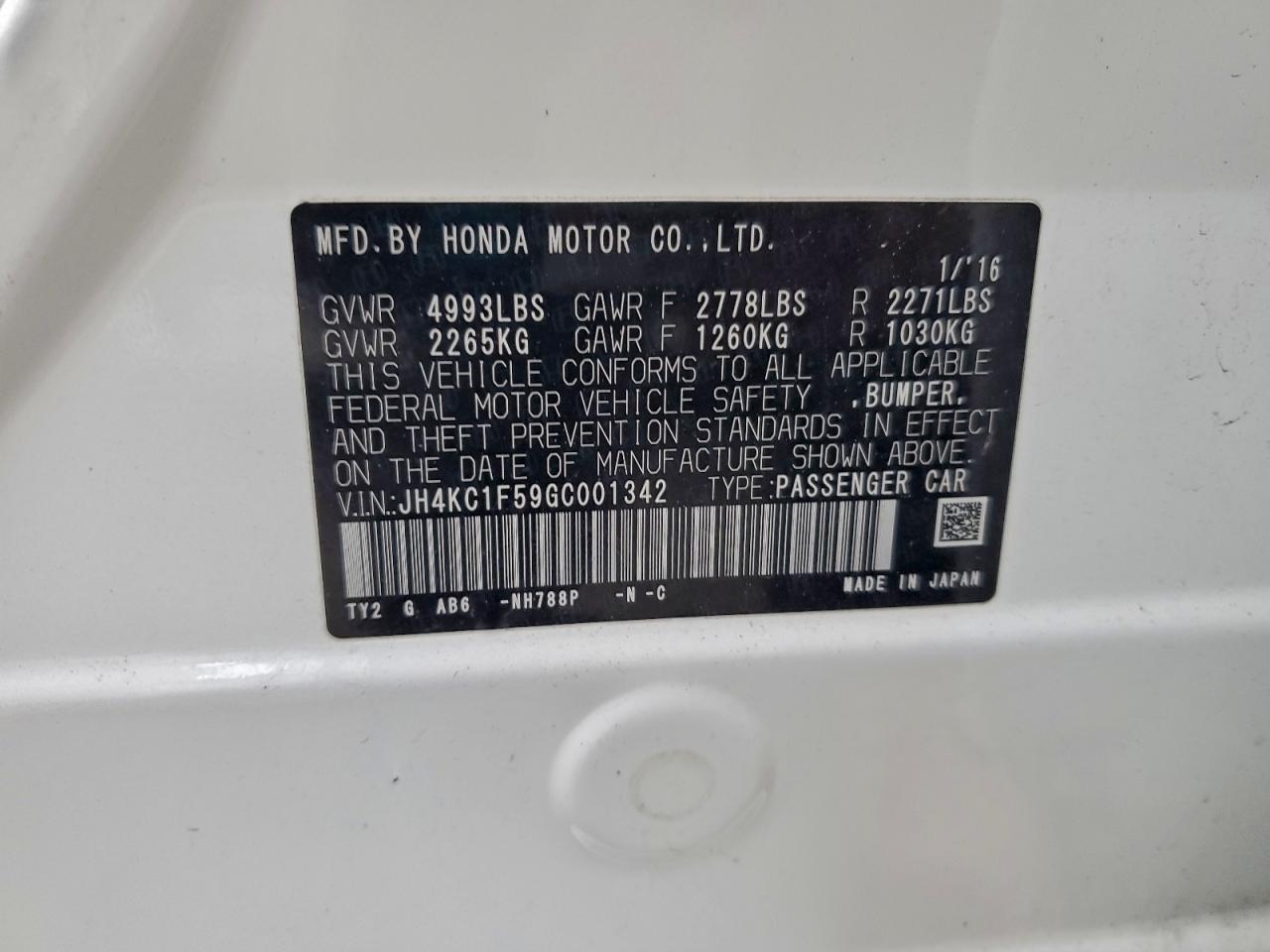 2016 Acura Rlx Tech VIN: JH4KC1F59GC001342 Lot: 91264365