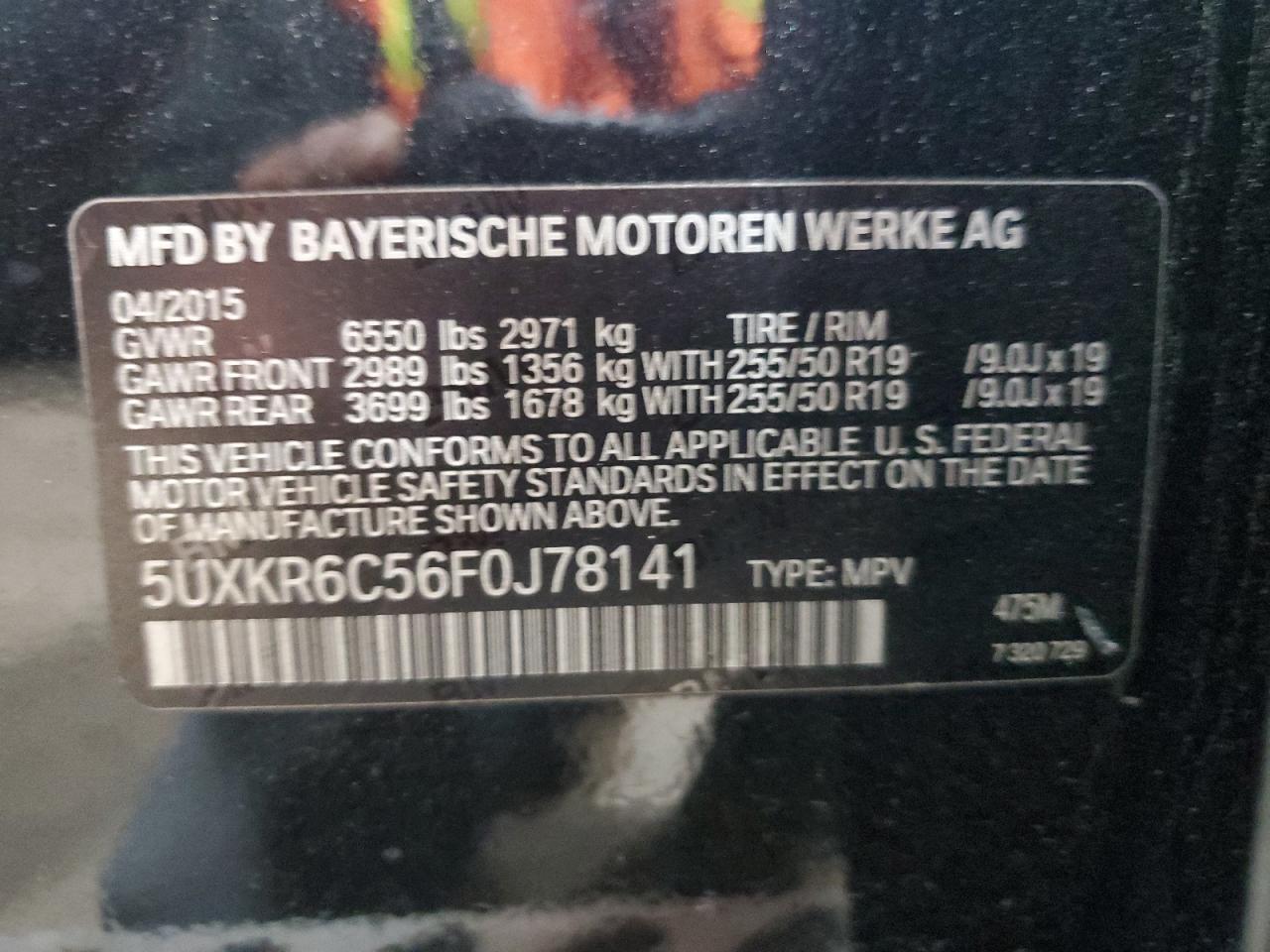 2015 BMW X5 xDrive50I VIN: 5UXKR6C56F0J78141 Lot: 93643225