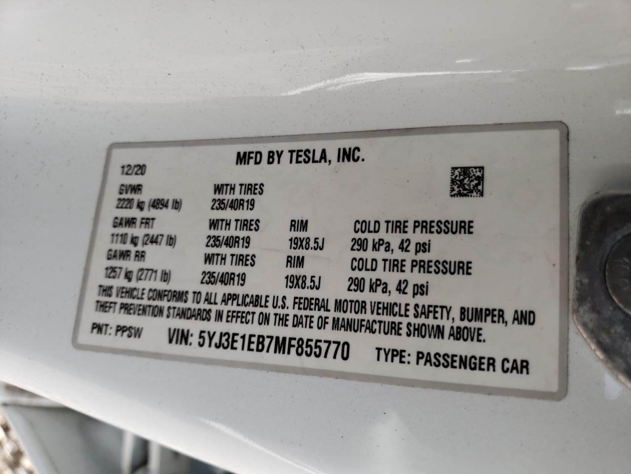 2021 Tesla Model 3 VIN: 5YJ3E1EB7MF855770 Lot: 92095225