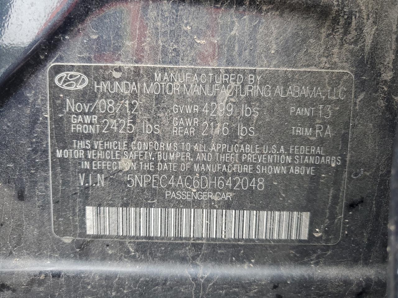 2013 Hyundai Sonata Se VIN: 5NPEC4AC6DH642048 Lot: 93411305