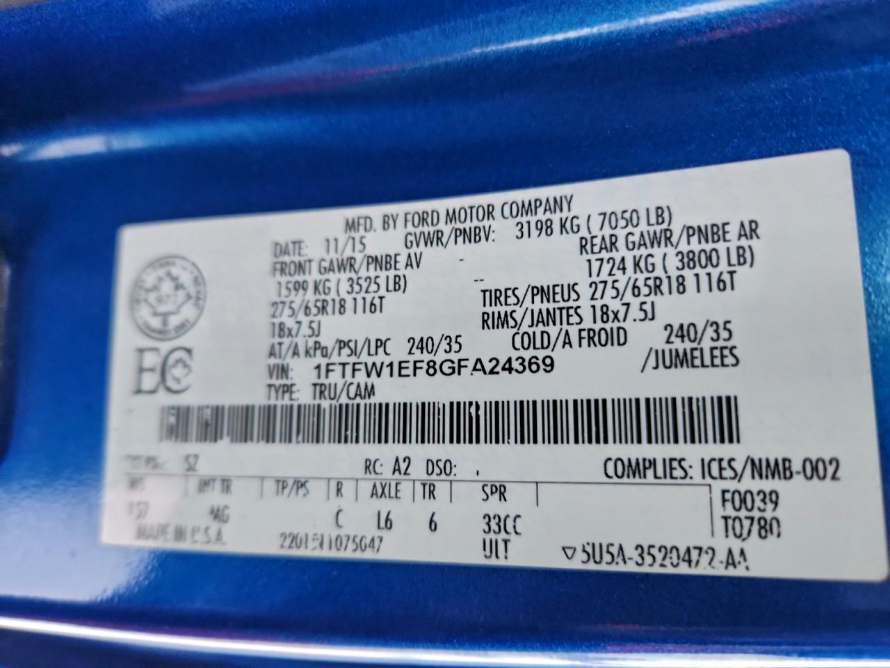 2016 Ford F150 Supercrew VIN: 1FTFW1EF8GFA2369 Lot: 95073355