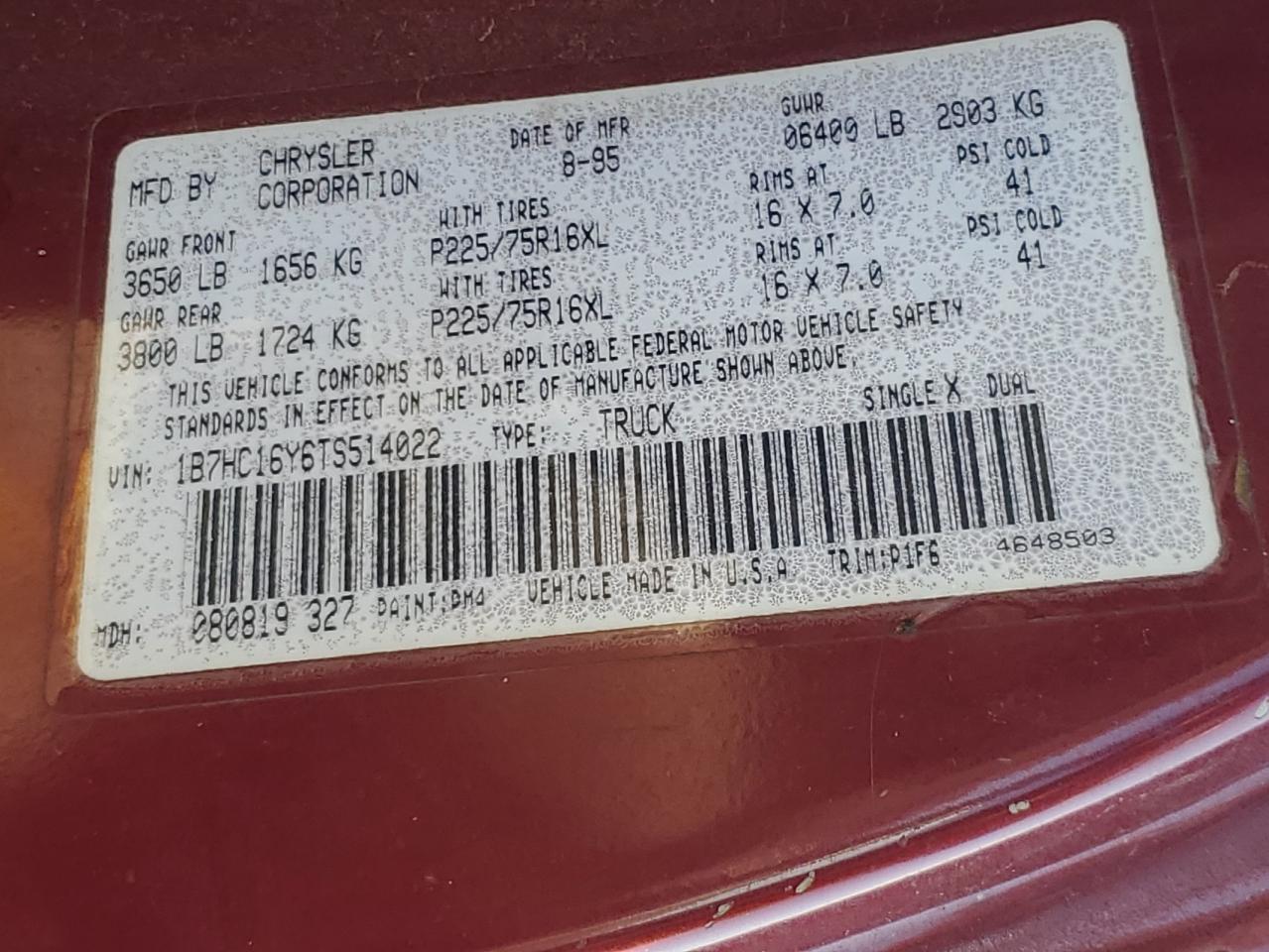 1996 Dodge Ram 1500 VIN: 1B7HC16Y6TS514022 Lot: 92440215