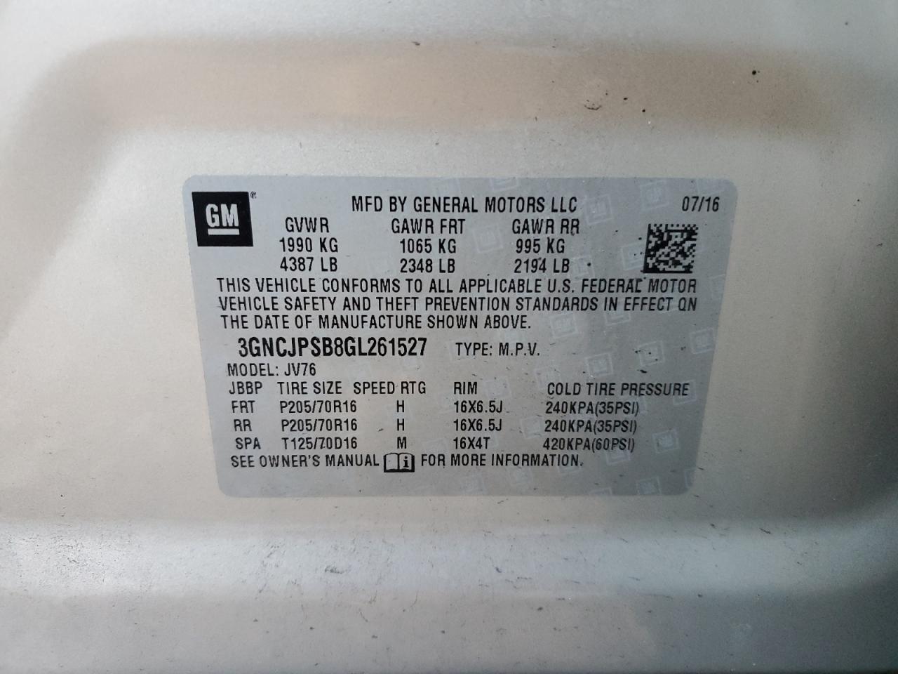 2016 Chevrolet Trax 1Lt VIN: 3GNCJPSB8GL261527 Lot: 92986325