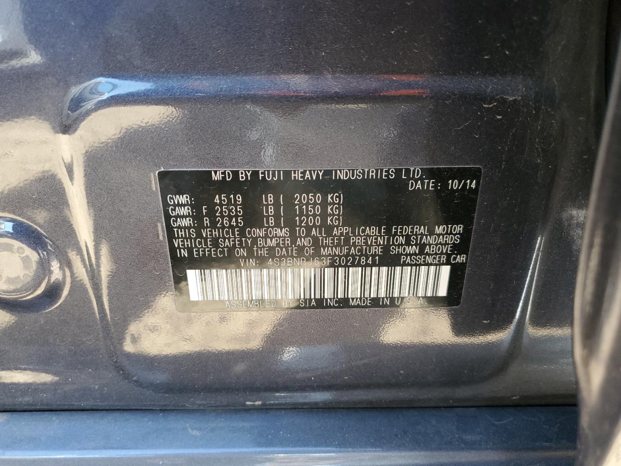 2015 Subaru Legacy 2.5I Limited VIN: 4S3BNBJ63F3027841 Lot: 92914175