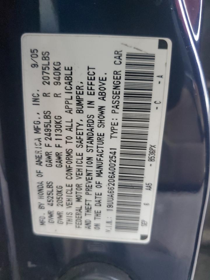 2006 Acura 3.2Tl VIN: 19UUA66206A002541 Lot: 92295285