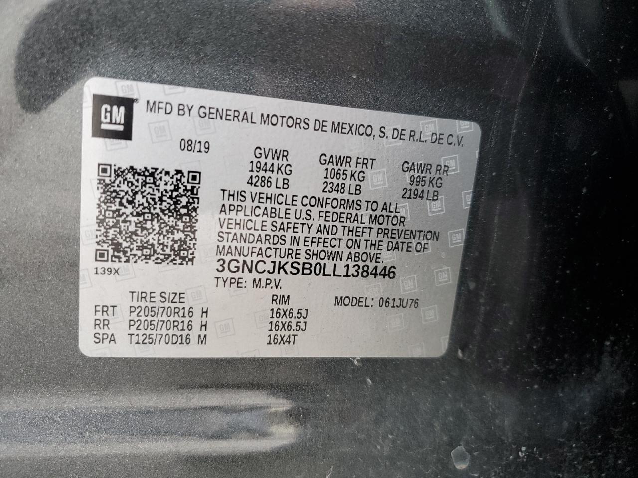 2020 Chevrolet Trax Ls VIN: 3GNCJKSB0LL138446 Lot: 92032535