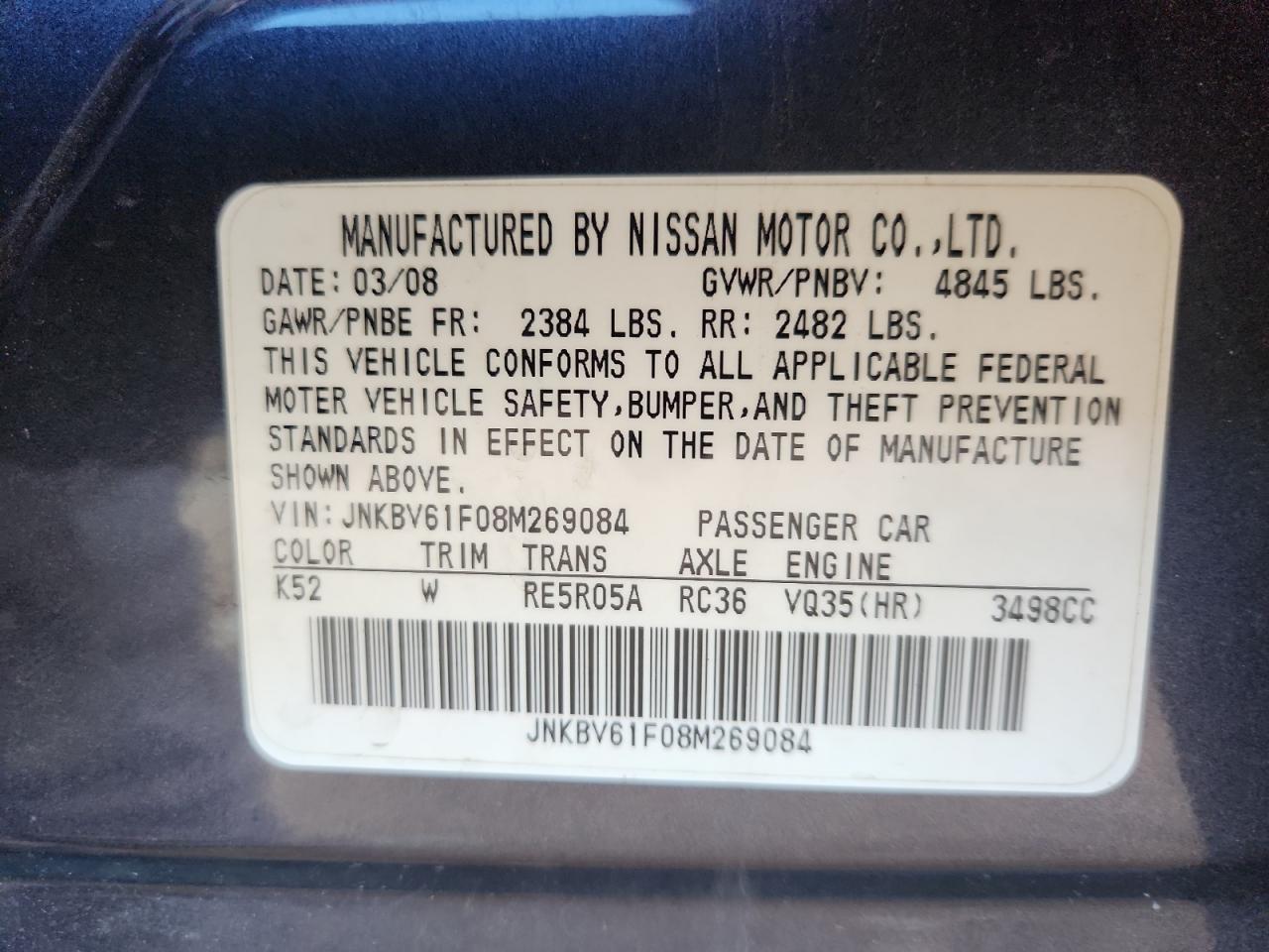 2008 Infiniti G35 VIN: JNKBV61F08M269084 Lot: 91977265