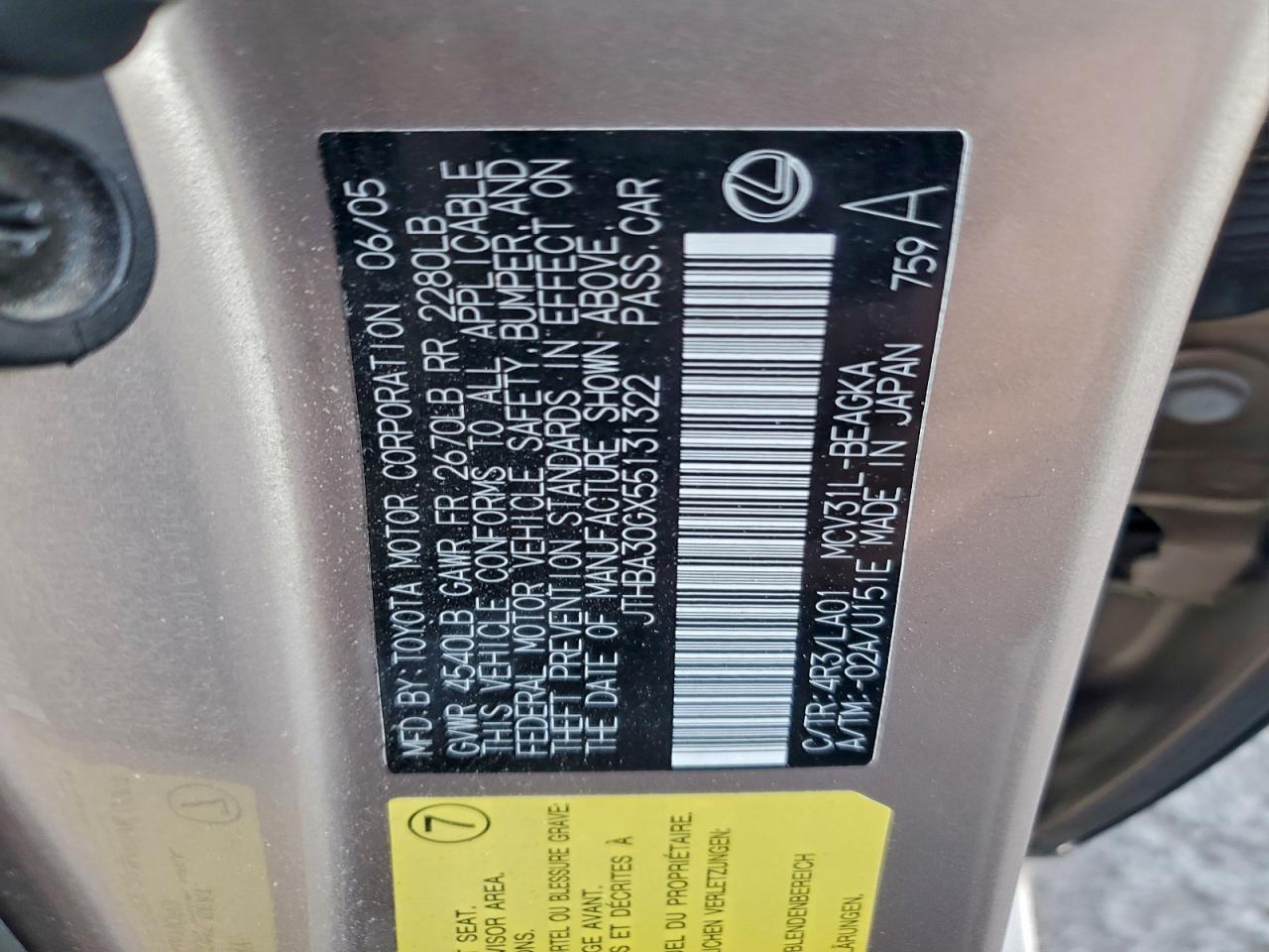 2005 Lexus Es 330 VIN: JTHBA30GX55131322 Lot: 94489855