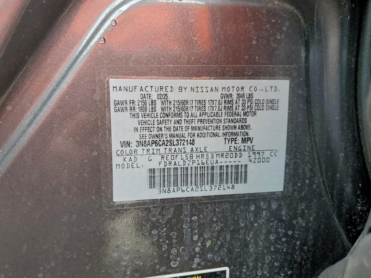 2025 Nissan Kicks Sv VIN: 3N8AP6CA2SL372148 Lot: 94142545