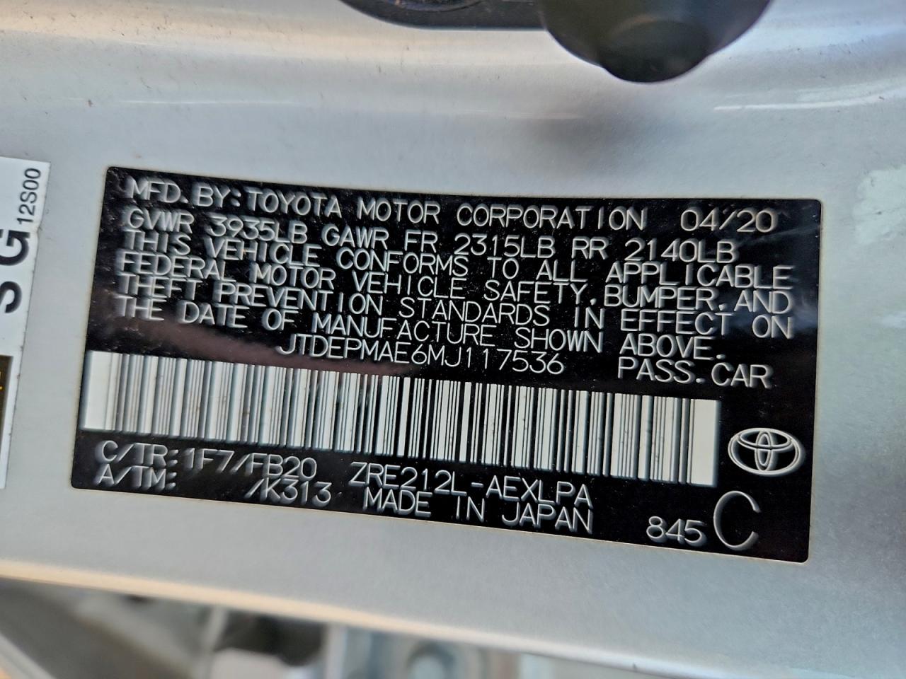 2021 Toyota Corolla Le VIN: JTDEPMAE6MJ117536 Lot: 94636635