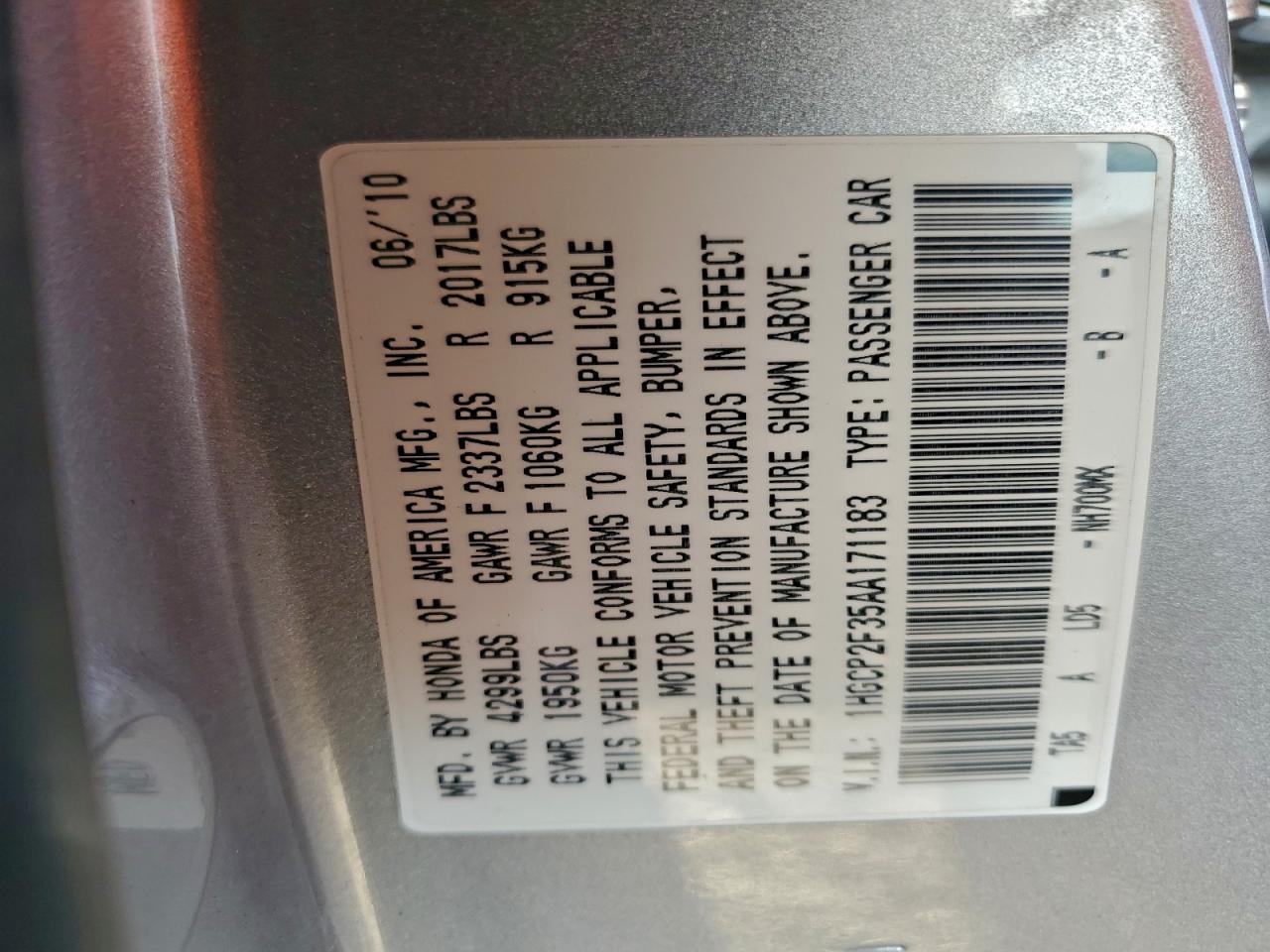 2010 Honda Accord Lx VIN: 1HGCP2F35AA171183 Lot: 92796215