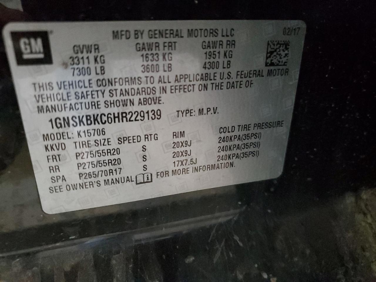 2017 Chevrolet Tahoe K1500 Lt VIN: 1GNSKBKC6HR229139 Lot: 90978835