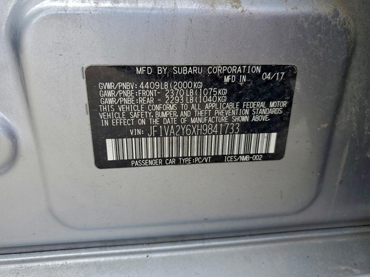 2017 Subaru Wrx Sti Limited VIN: JF1VA2Y6XH9841733 Lot: 93967435