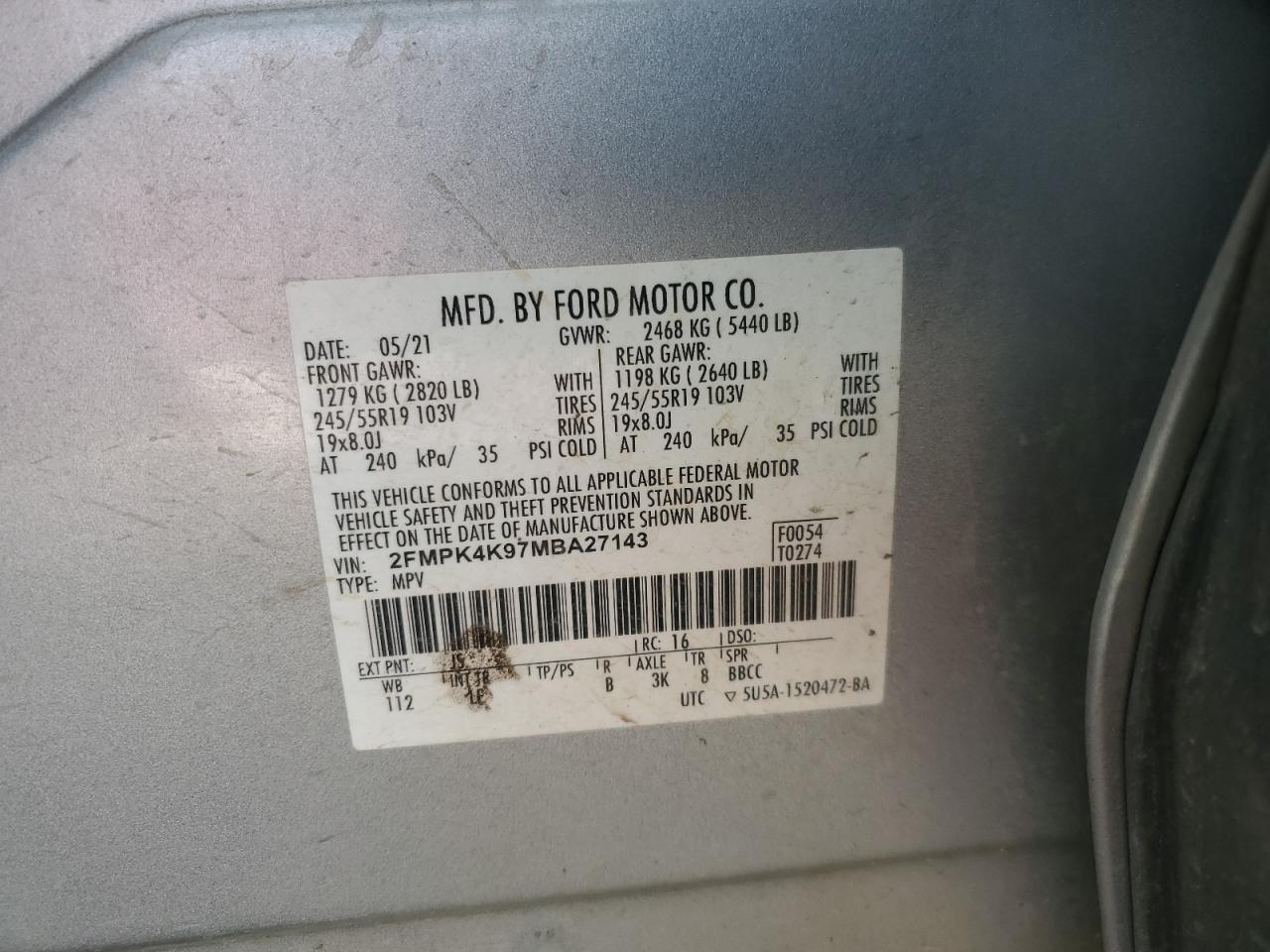 2021 Ford Edge Titanium VIN: 2FMPK4K97MBA27143 Lot: 93050745