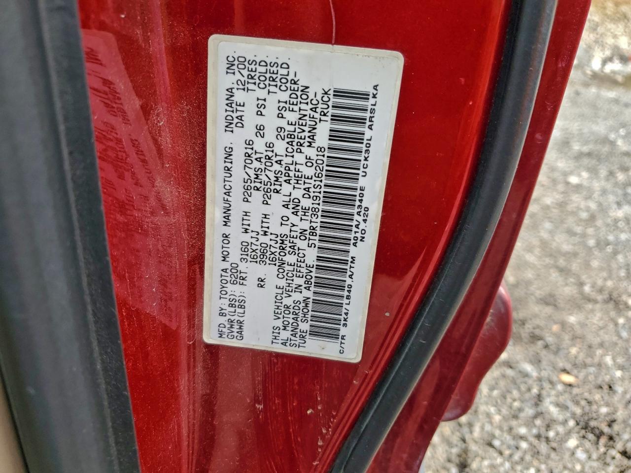 2001 Toyota Tundra Access Cab Limited VIN: 5TBRT38191S162018 Lot: 93724915