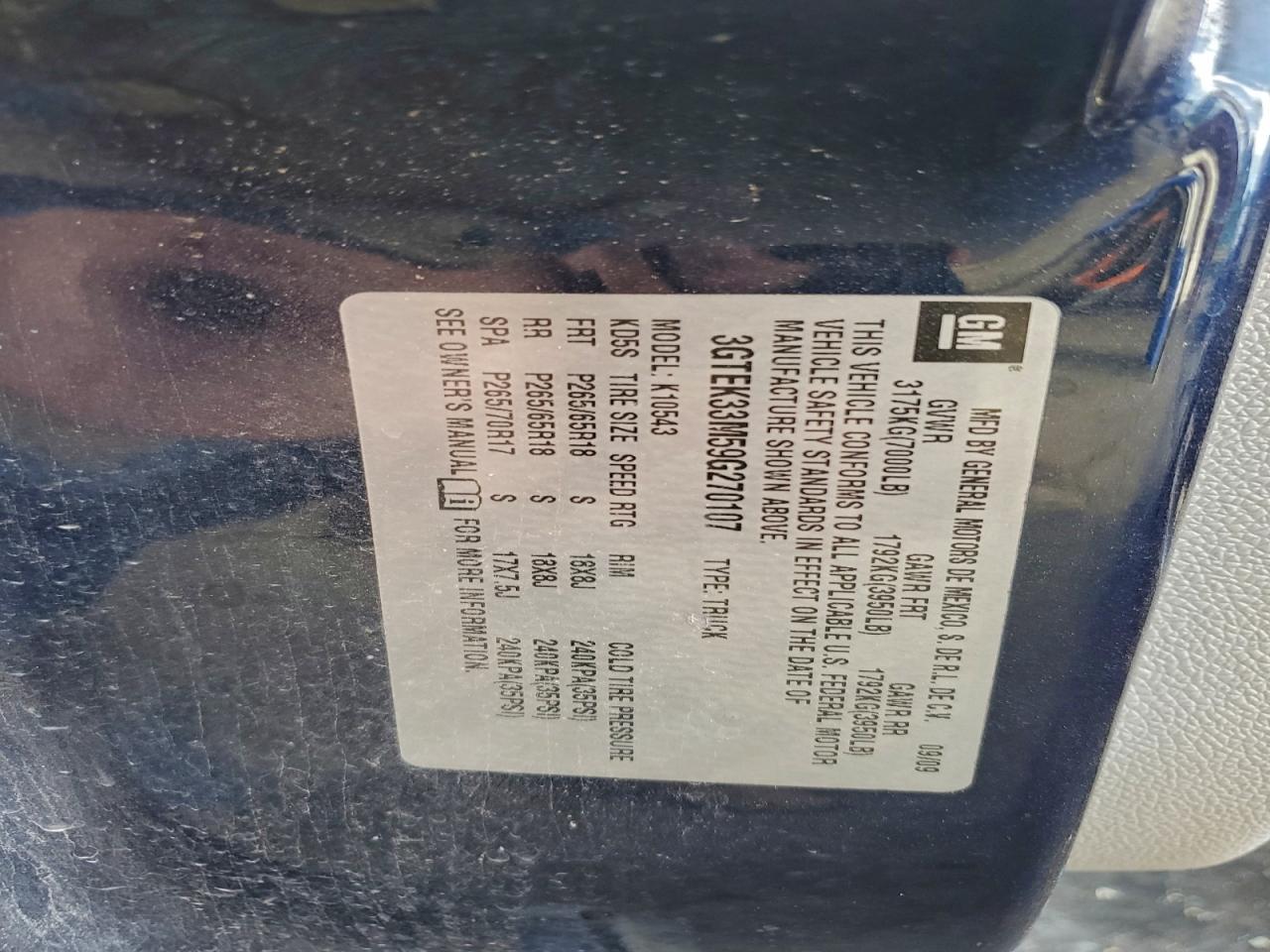 2009 GMC Sierra K1500 Slt VIN: 3GTEK33M59G270107 Lot: 92305045