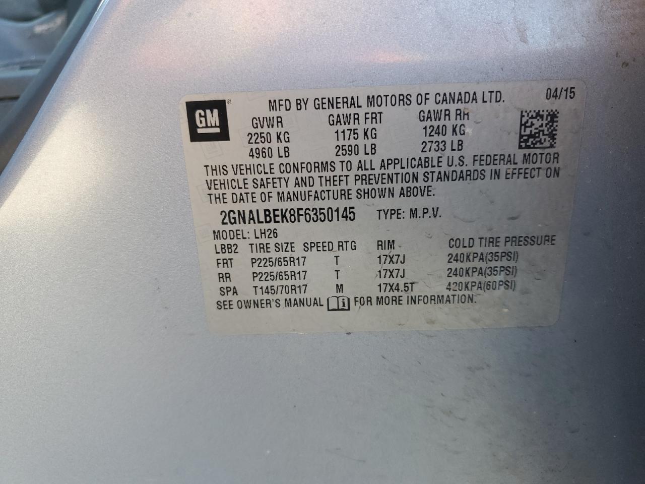 2015 Chevrolet Equinox Lt VIN: 2GNALBEK8F6350145 Lot: 91622835