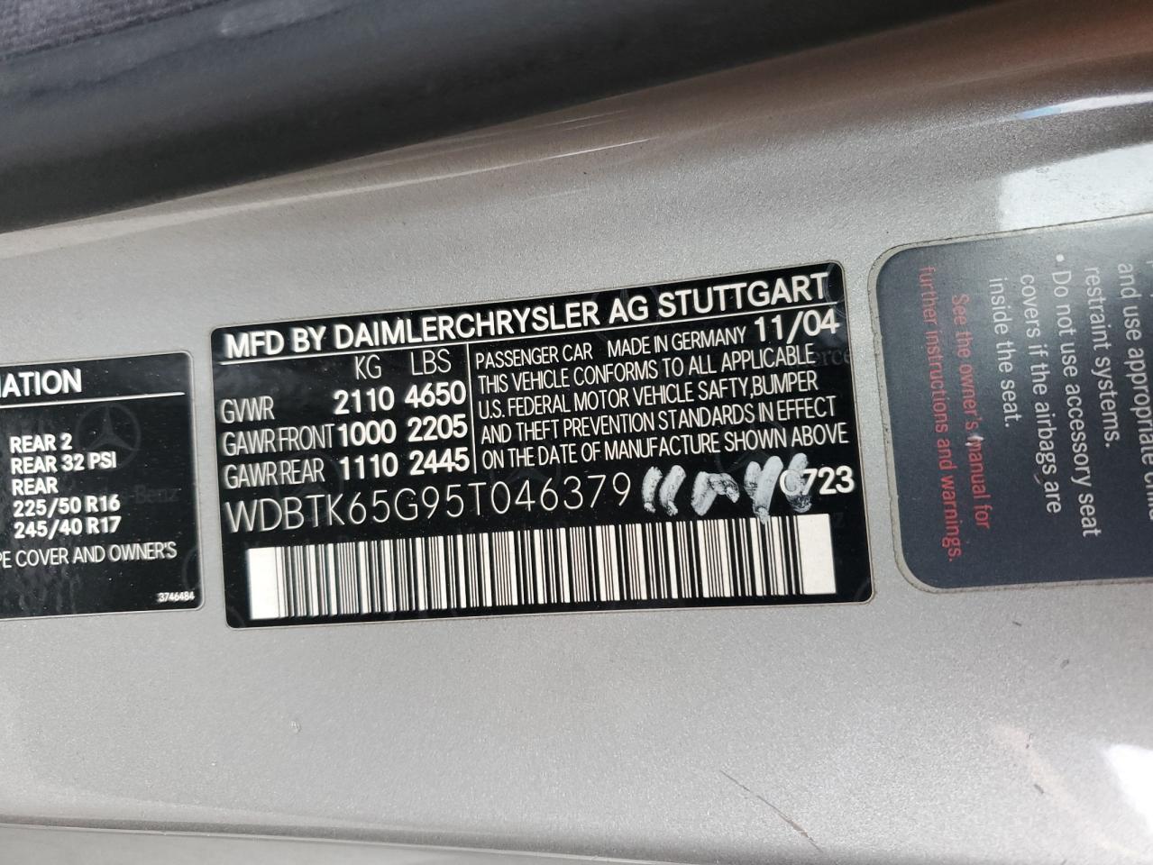 2005 Mercedes-Benz Clk 320 VIN: WDBTK65G95T046379 Lot: 92930085