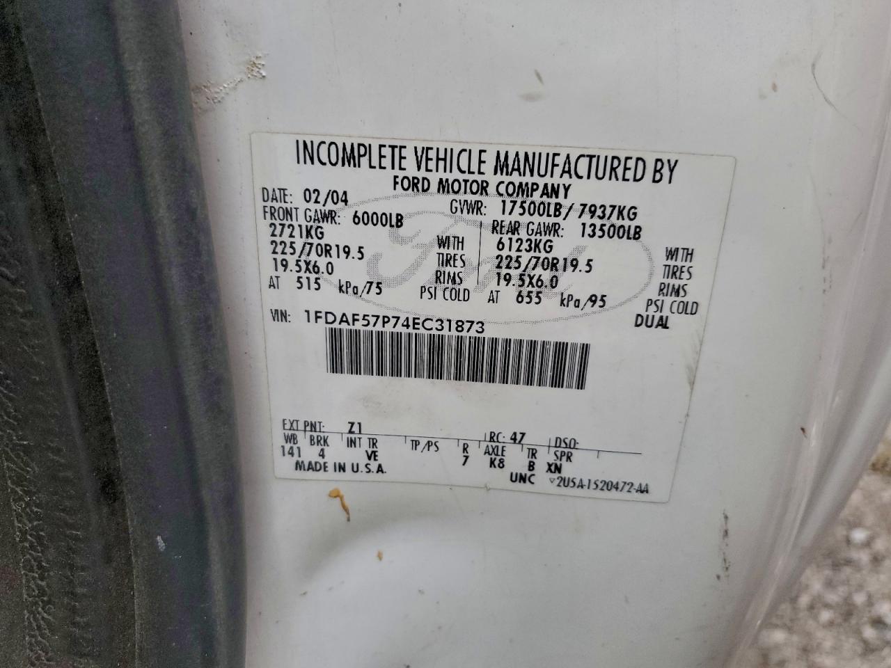 2004 Ford F550 Super Duty VIN: 1FDAF57P74EC31873 Lot: 93304395