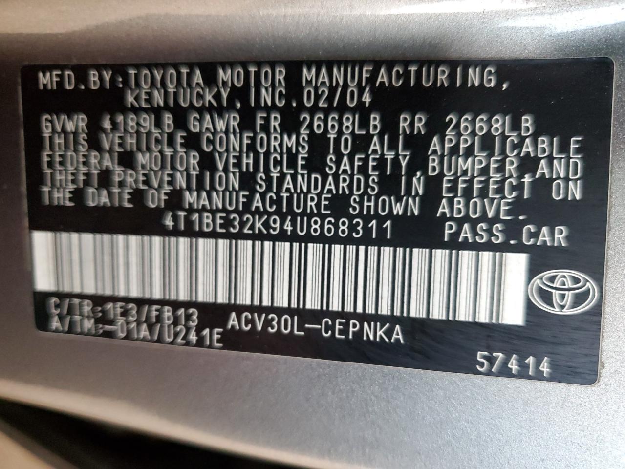 2004 Toyota Camry Le VIN: 4T1BE32K94U868311 Lot: 93914935