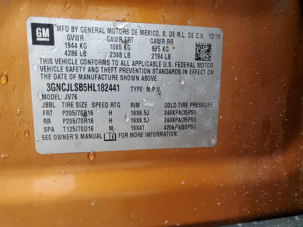 2017 Chevrolet Trax 1Lt VIN: 3GNCJLSB5HL182441 Lot: 93517705