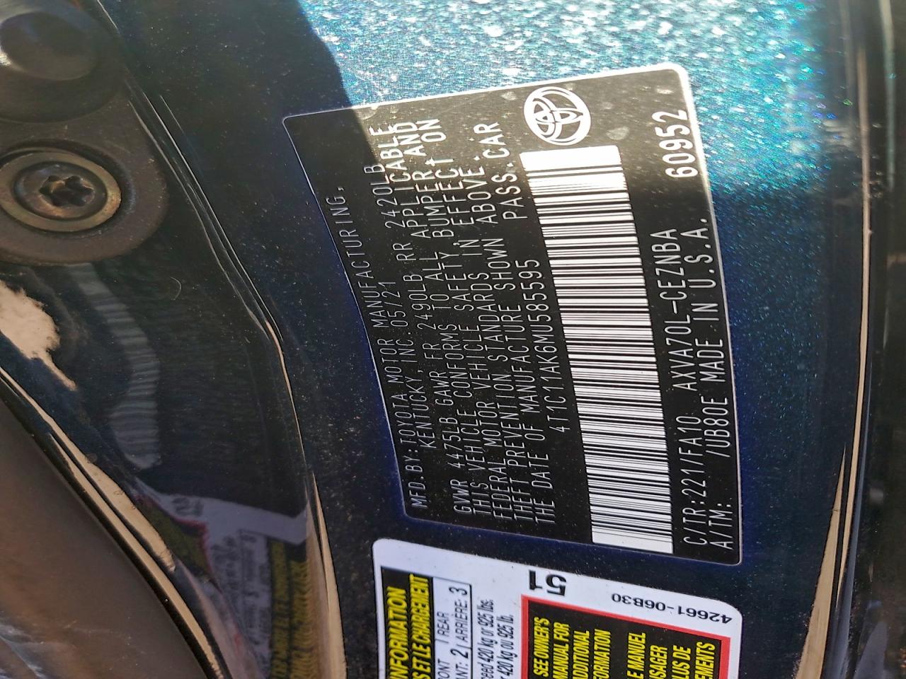 2021 Toyota Camry Le VIN: 4T1C11AK6MU585595 Lot: 93844585