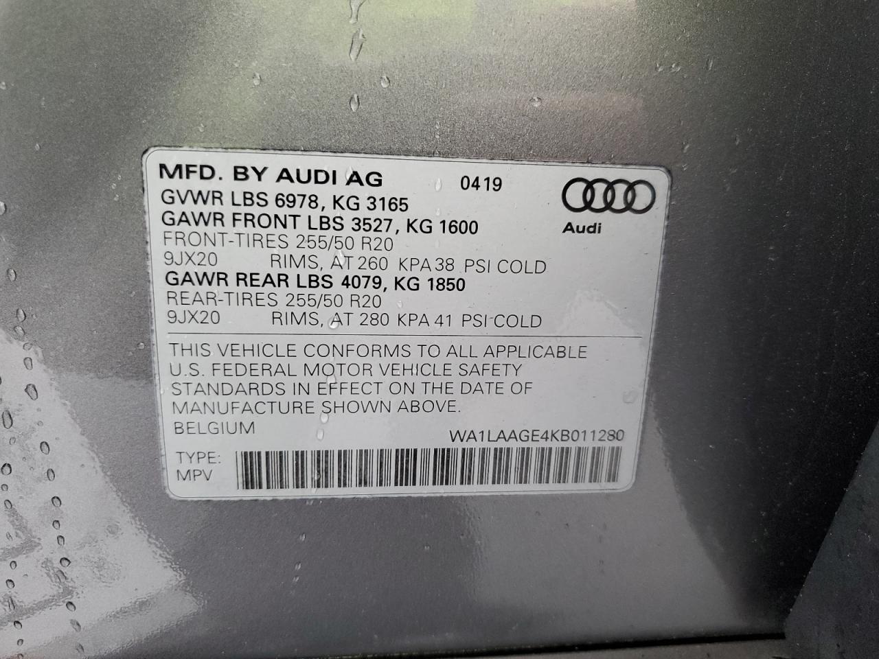 2019 Audi E-Tron Premium Plus VIN: WA1LAAGE4KB011280 Lot: 91477305