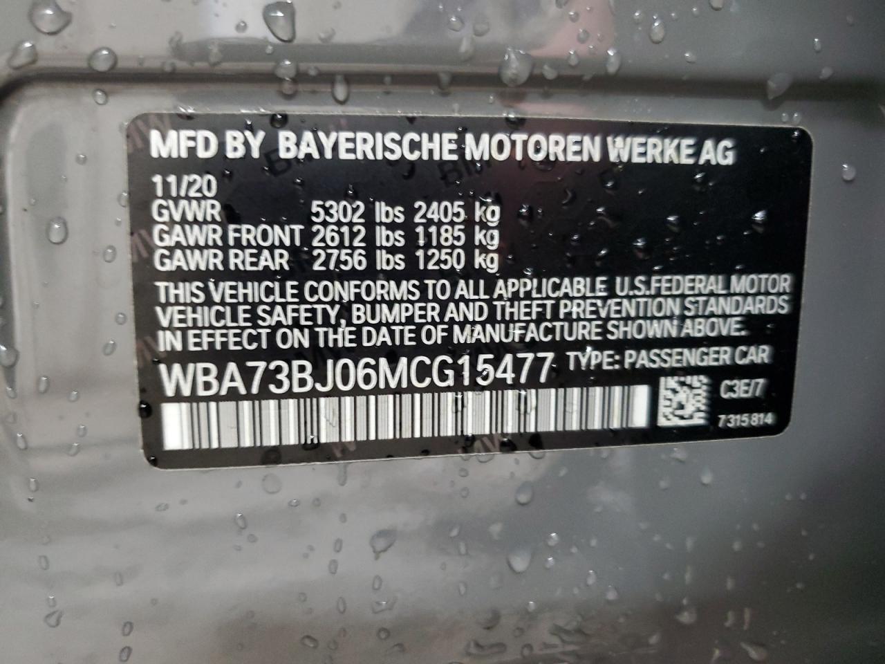2021 BMW 540 Xi VIN: WBA73BJ06MCG15477 Lot: 92848485