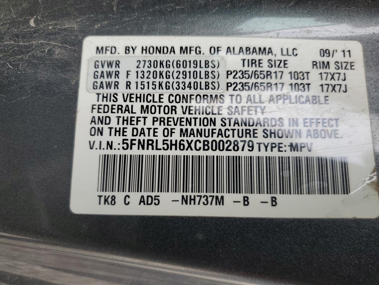 2012 Honda Odyssey Exl VIN: 5FNRL5H6XCB002879 Lot: 82458105
