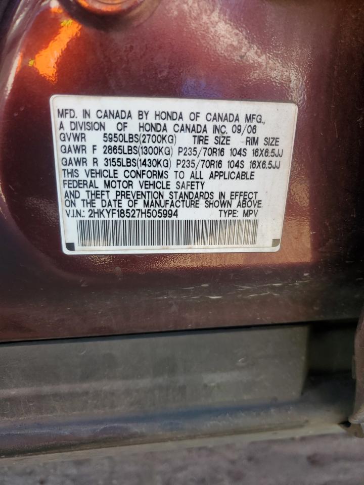2007 Honda Pilot Exl VIN: 2HKYF18527H505994 Lot: 92694895