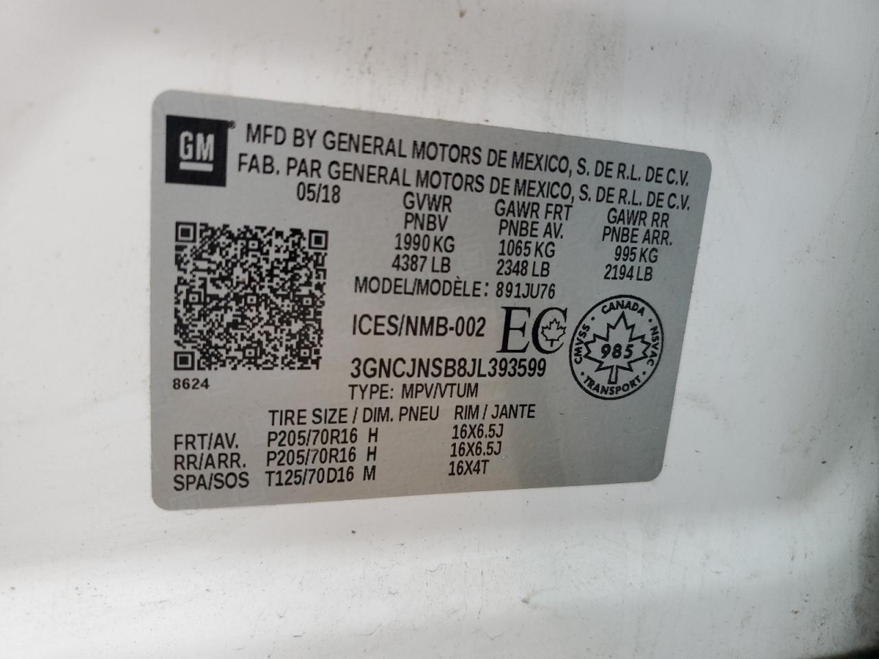 2018 Chevrolet Trax Ls VIN: 3GNCJNSB8JL393599 Lot: 92200945