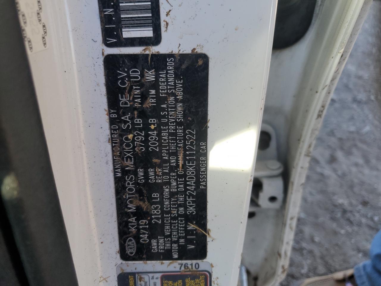 2019 Kia Forte Fe VIN: 3KPF24AD8KE112522 Lot: 91103485