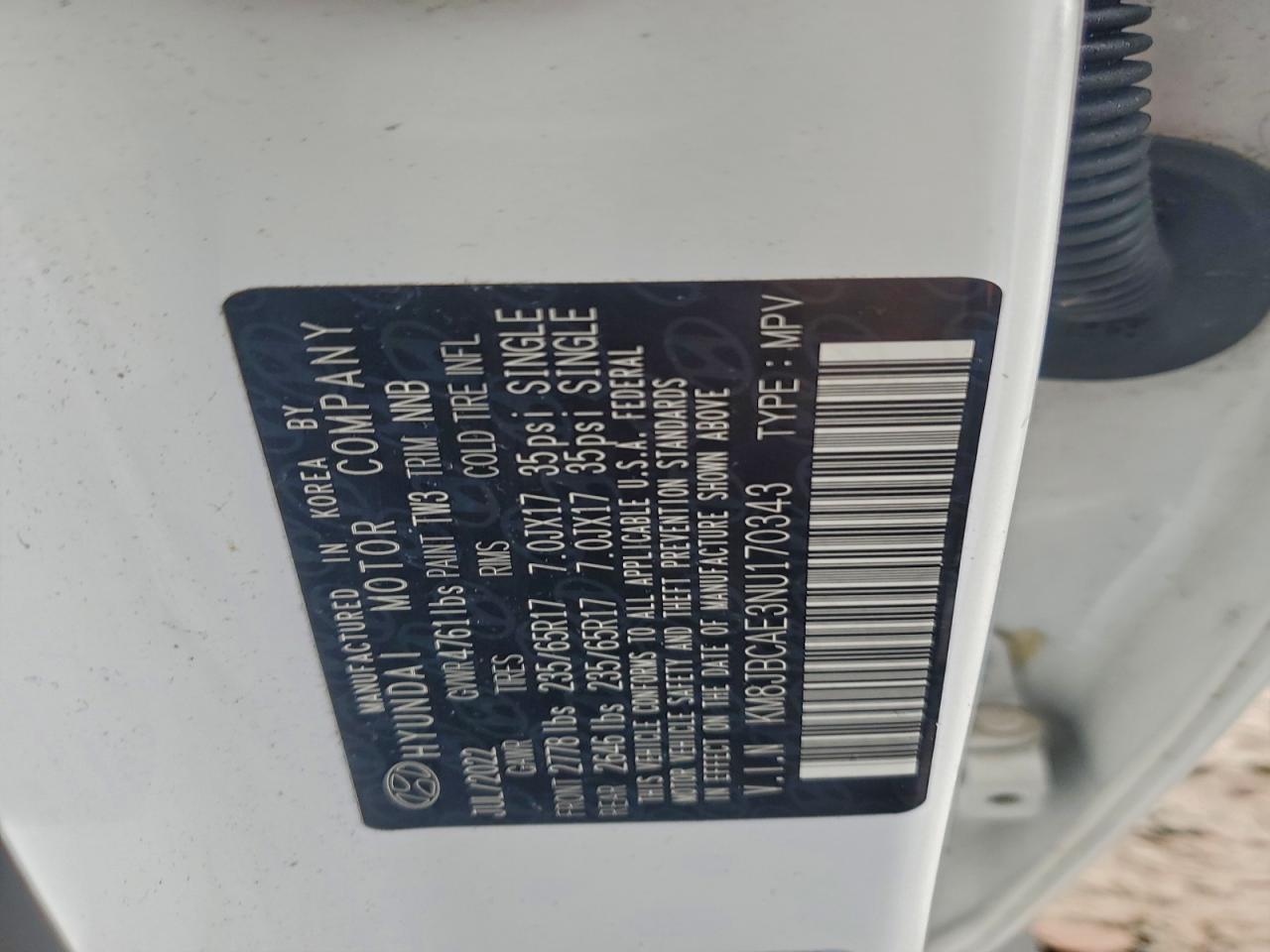 2022 Hyundai Tucson Sel VIN: KM8JBCAE3NU170343 Lot: 94502785