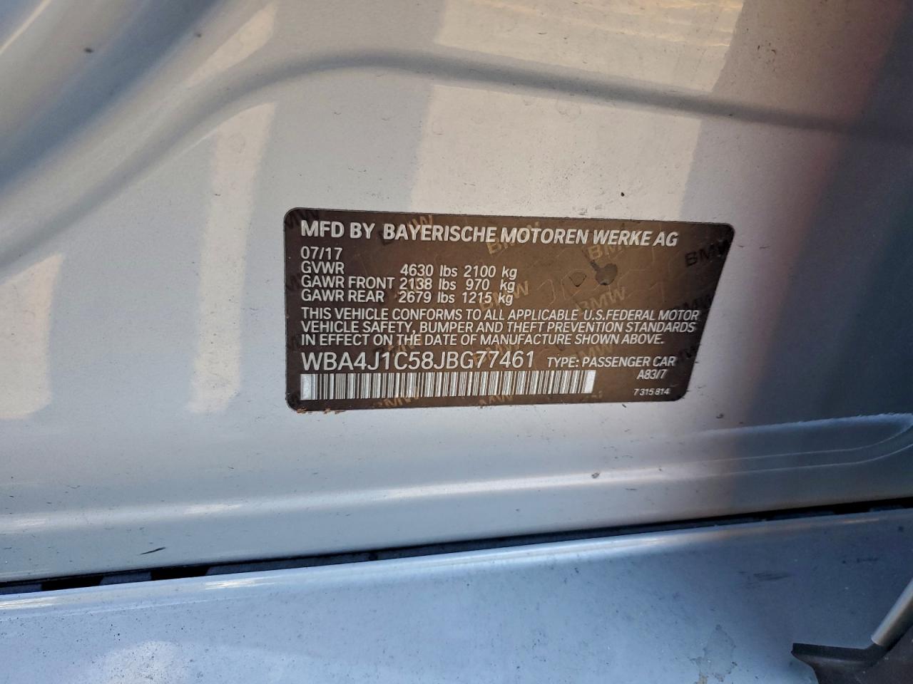 2018 BMW 430I Gran Coupe VIN: WBA4J1C58JBG77461 Lot: 91956585