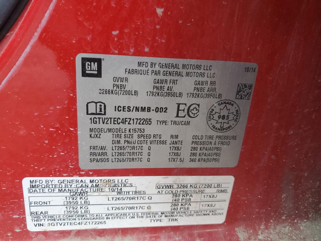 2015 GMC Sierra K1500 VIN: 1GTV2TEC4FZ172265 Lot: 89650925