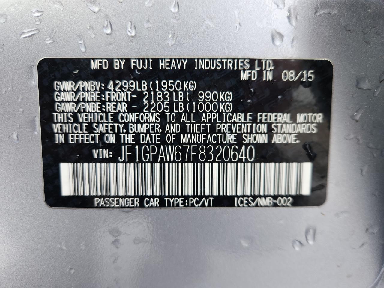 2015 Subaru Impreza Sport Limited VIN: JF1GPAW67F8320640 Lot: 92053355