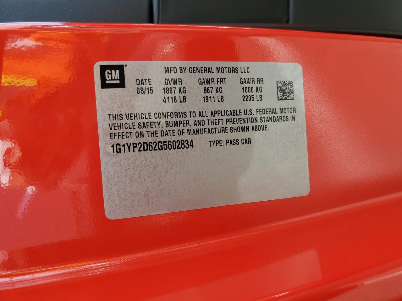 2016 Chevrolet Corvette Z06 1Lz VIN: 1G1YP2D62G5602834 Lot: 92277805