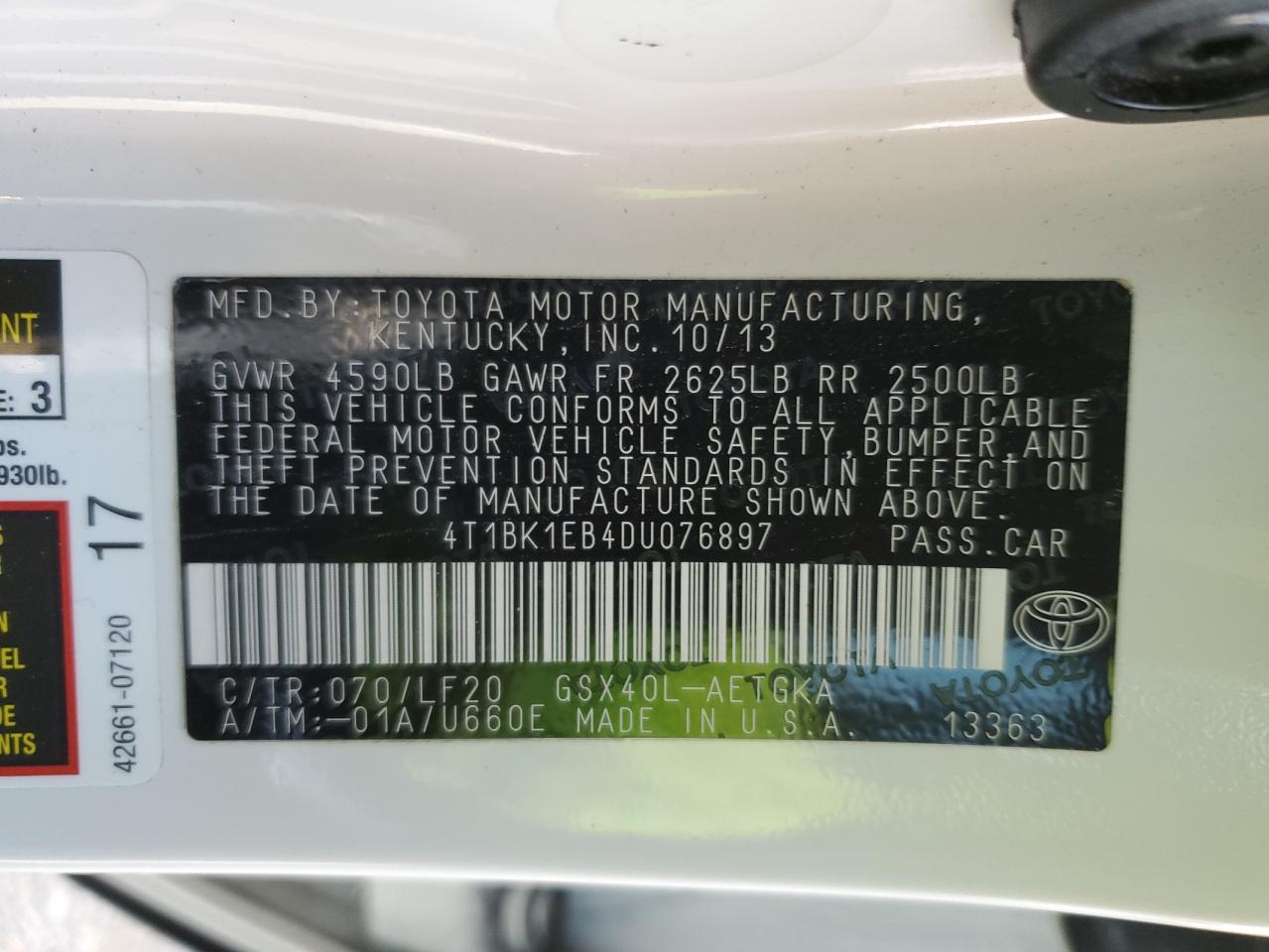 2013 Toyota Avalon Base VIN: 4T1BK1EB4DU076897 Lot: 93398415