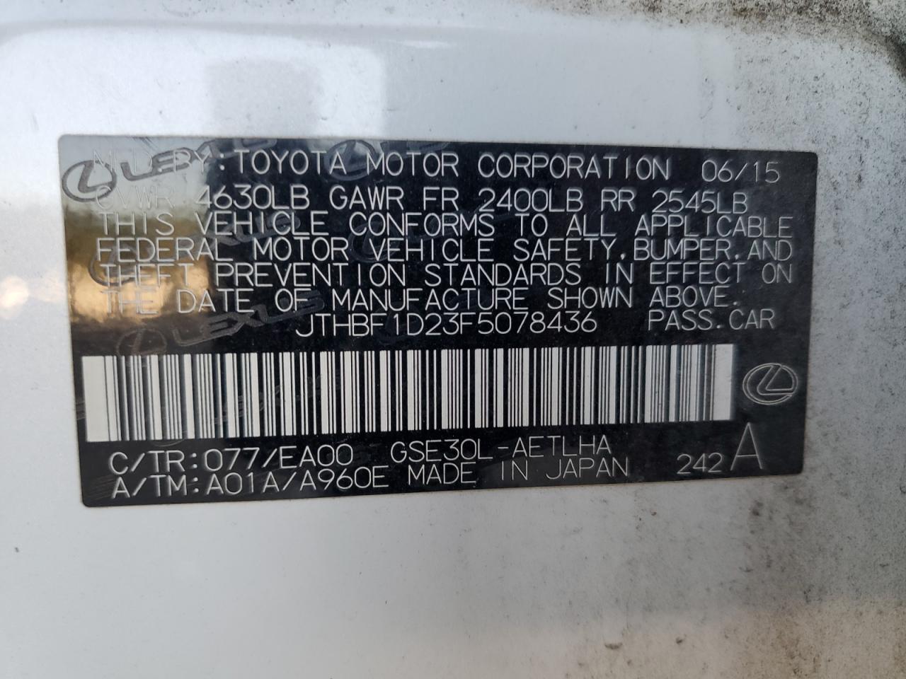 2015 Lexus Is 250 VIN: JTHBF1D23F5078436 Lot: 90976175