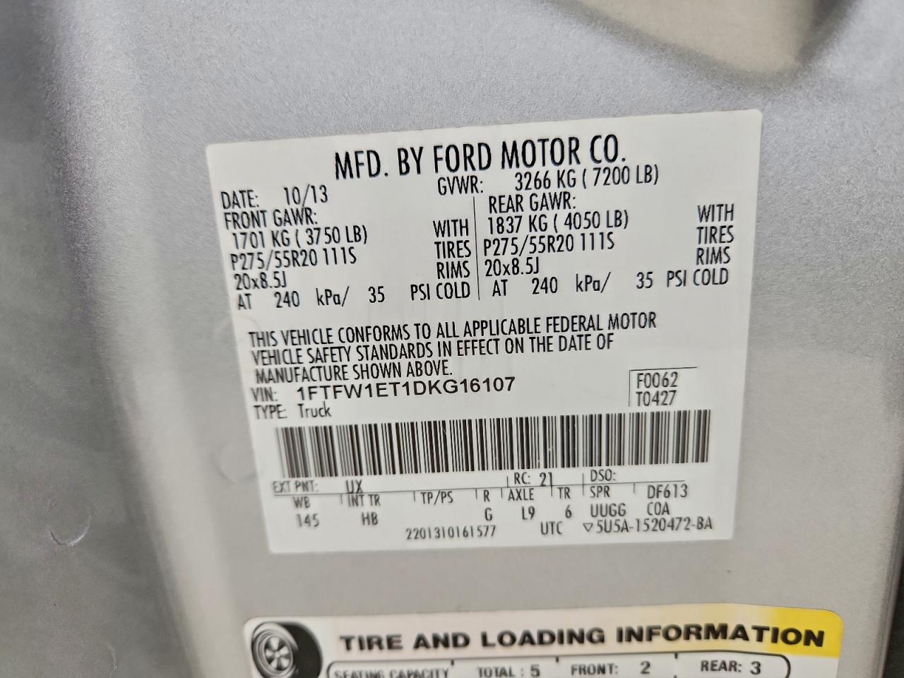 2013 Ford F150 Supercrew VIN: 1FTFW1ET1DKG16107 Lot: 93932435