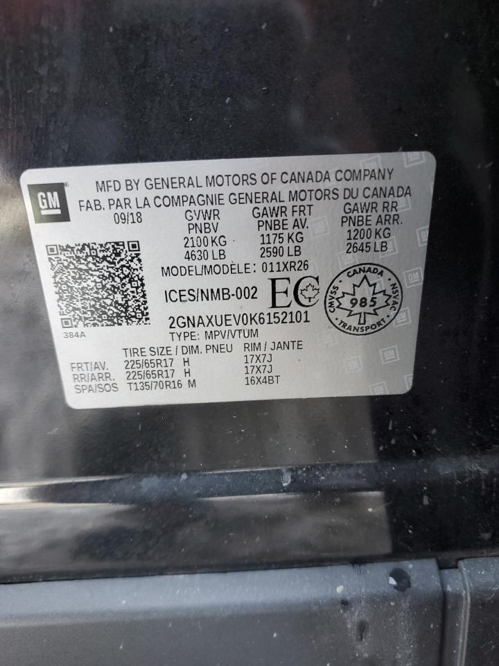 2019 Chevrolet Equinox Lt VIN: 2GNAXUEV0K6152101 Lot: 90590585