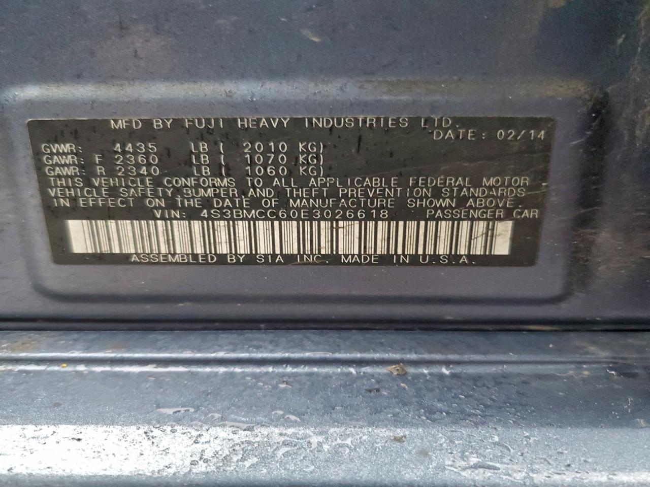 2014 Subaru Legacy 2.5I Premium VIN: 4S3BMCC60E3026618 Lot: 93959975