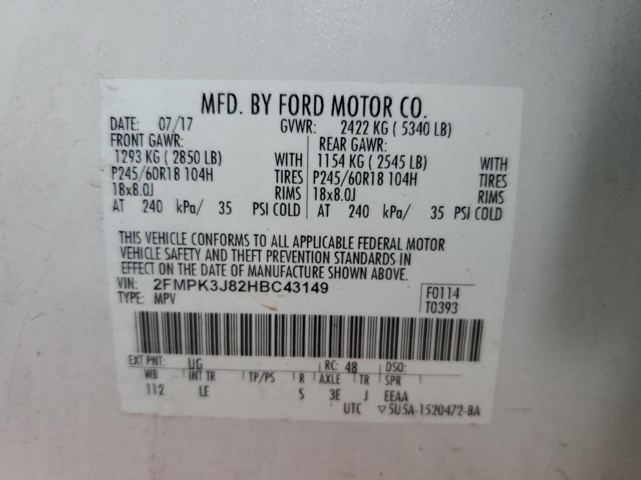 2017 Ford Edge Sel VIN: 2FMPK3J82HBC43149 Lot: 93142295