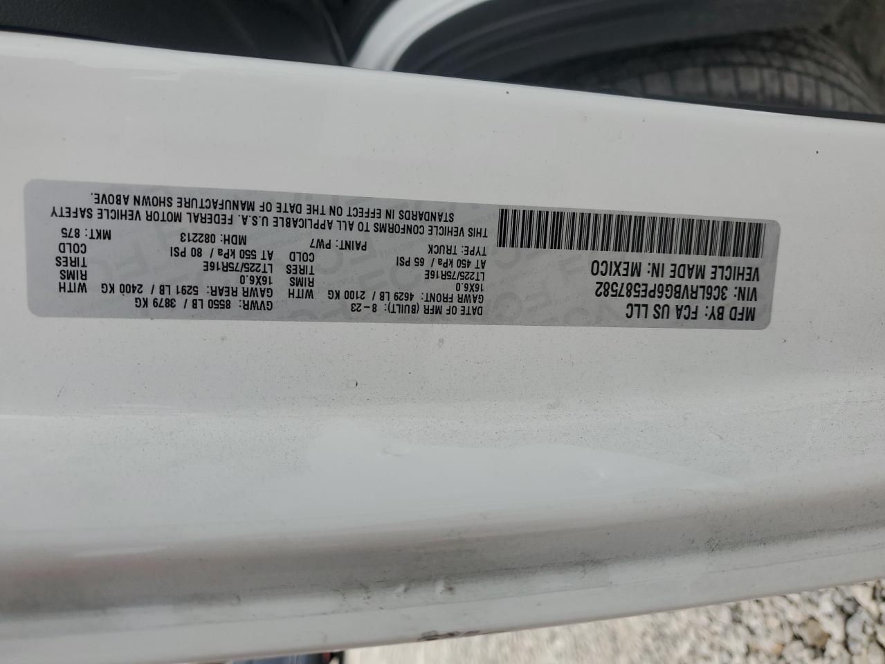 2023 Ram Promaster 1500 1500 High VIN: 3C6LRVBG6PE587582 Lot: 91717115