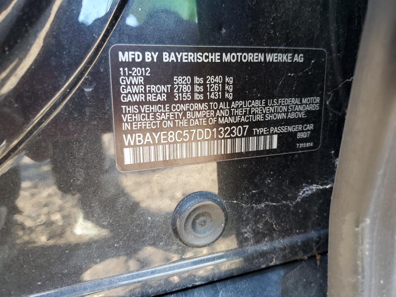 2013 BMW 750 Li VIN: WBAYE8C57DD132307 Lot: 91072985