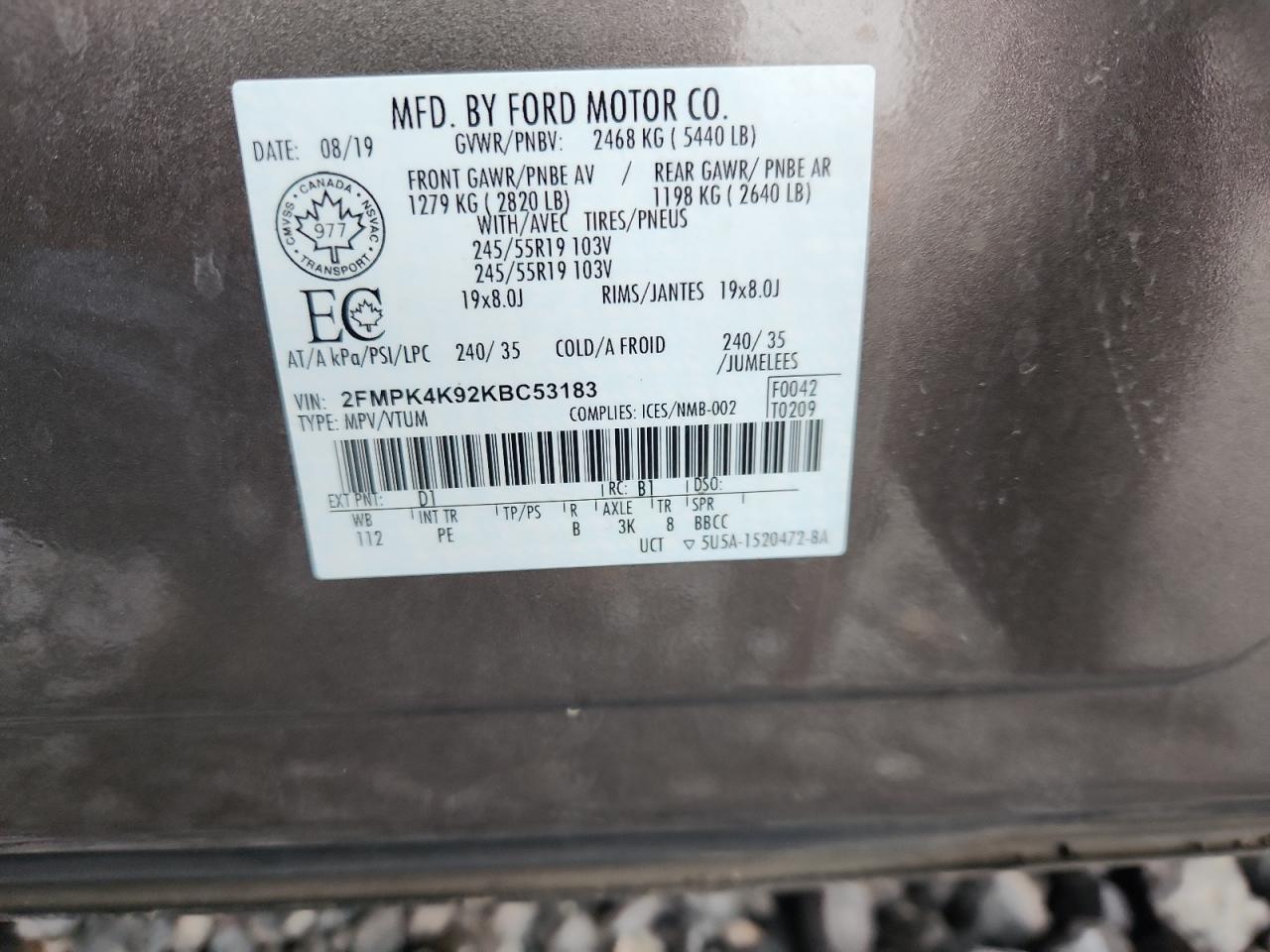 2019 Ford Edge Titanium VIN: 2FMPK4K92KBC53183 Lot: 93267675