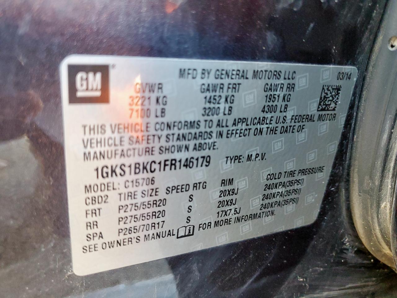 2015 GMC Yukon Slt VIN: 1GKS1BKC1FR146179 Lot: 91059795