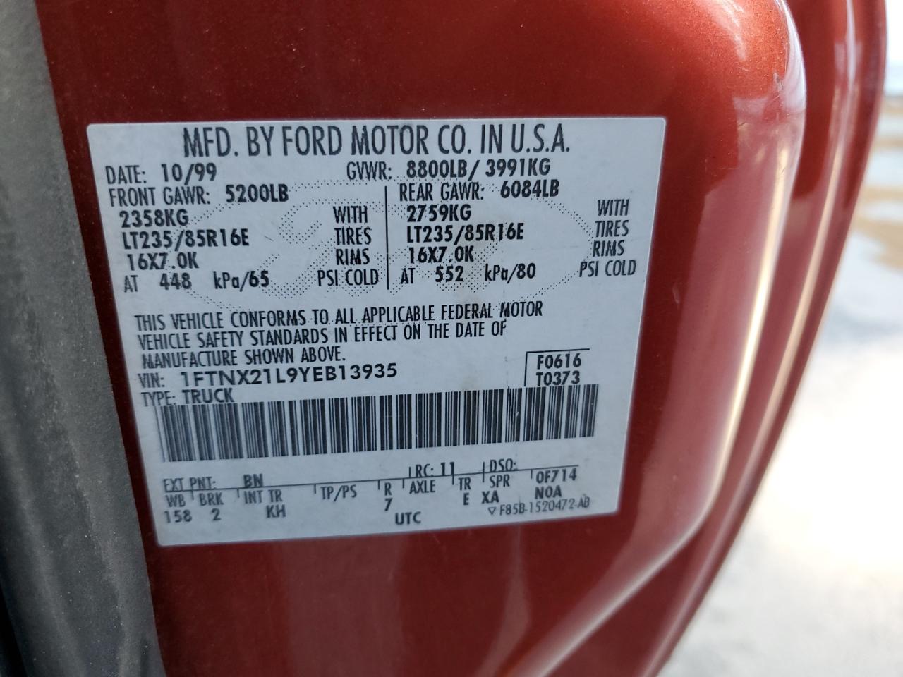 2000 Ford F250 Super Duty VIN: 1FTNX21L9YEB13935 Lot: 90220265